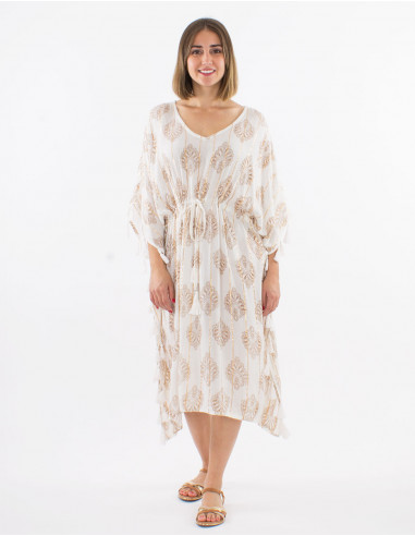 Robe kaftan 95% viscose crêpe 5% fils métal pompons