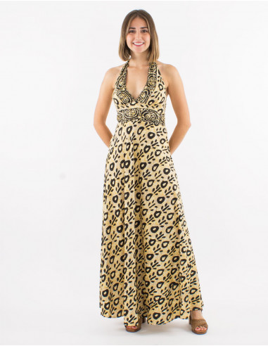 Robe longue polyester dos ouvert imprimé Batik