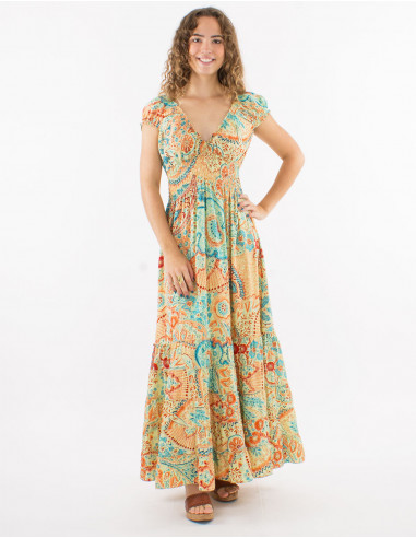 Robe longue polyester à volants taille élastique sari imprimé