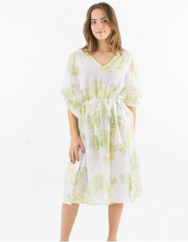 Robe voile de coton imprimé Coral avec feuilles dorées