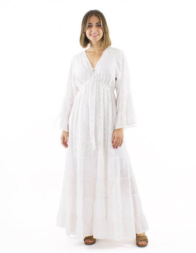 Robe longue voile de coton doublée avec fils metalliques manches longues