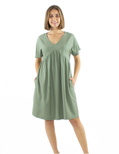 Robe 54% lin 46% viscose col V manches courtes