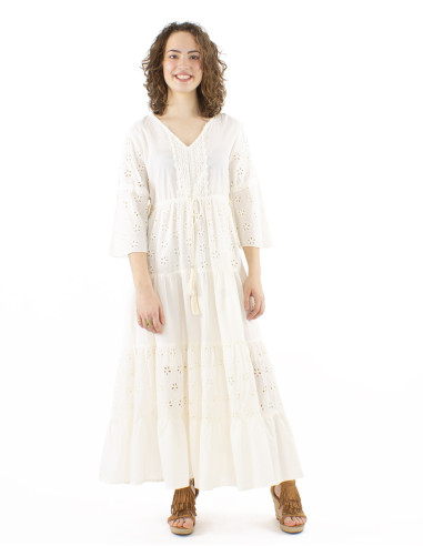 Robe longue coton brodée doublée à volants manches tulipes