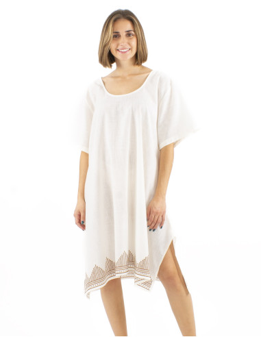 Robe coton slub manches courtes écru bordure tampon