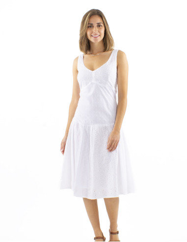 Robe coton blanc brodée princesse doublée midi