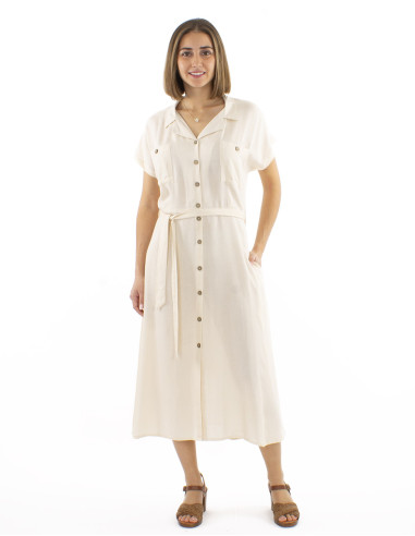 Robe longue 91% viscose 9% lin boutonnée 2 poches poitrine