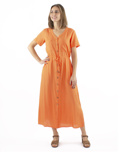 Robe viscose unie longue manches courtes boutonnée