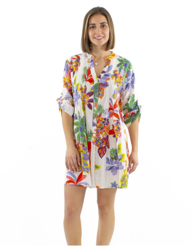 Robe tunique coton manches longues imprimé Hawaiian