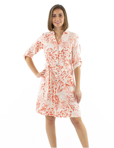 Robe 70% viscose 30% lin boutonnée manches courtes imprimé Nature