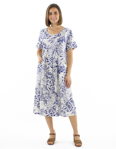 Robe 70% viscose 30% lin plis taille manches courtes imprimé Nature