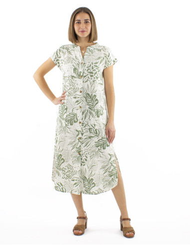 Robe 70% viscose 30% lin boutonnée 2 poches imprimé Nature