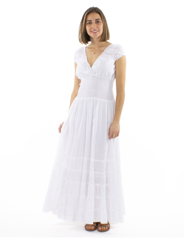 Robe coton blanc brodée doublée élastique ceinture