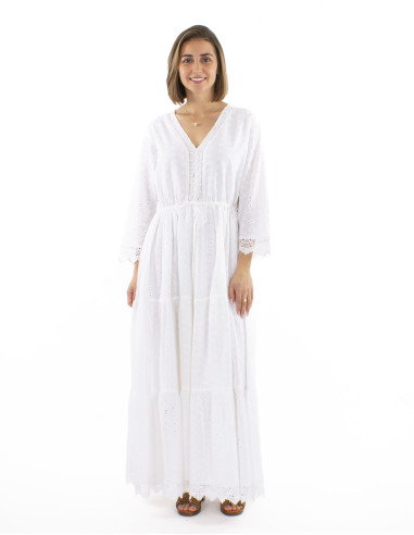 Robe coton blanc brodée doublée manches 3/4