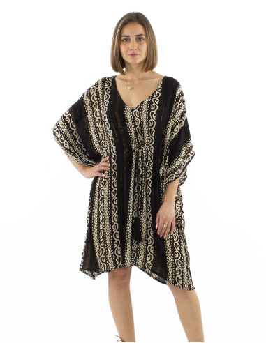 Tunique kaftan viscose crêpe blanc/noir 90cm